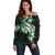 Plumeria Tribal Tattoo Off Shoulder Sweater Green Polynesian Pattern