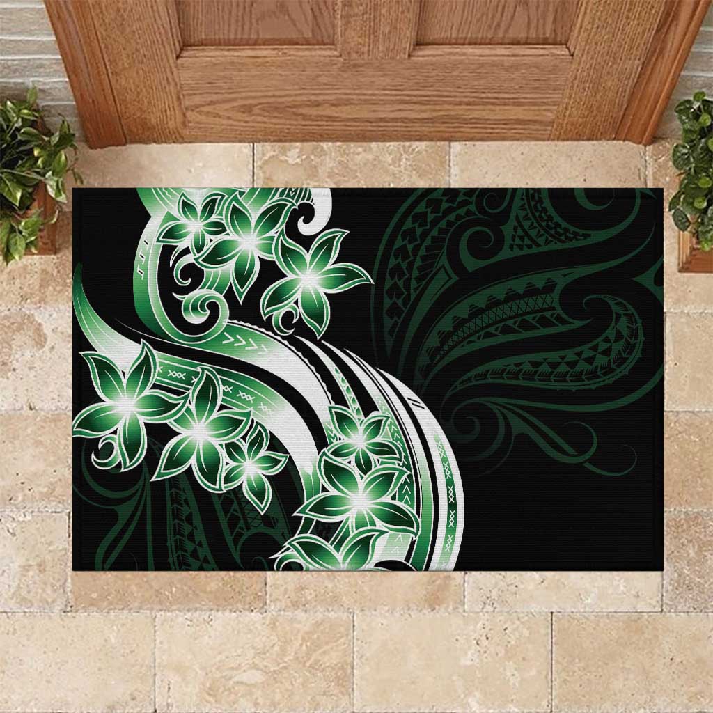 Plumeria Tribal Tattoo Rubber Doormat Green Polynesian Pattern