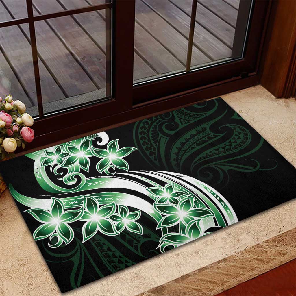 Plumeria Tribal Tattoo Rubber Doormat Green Polynesian Pattern