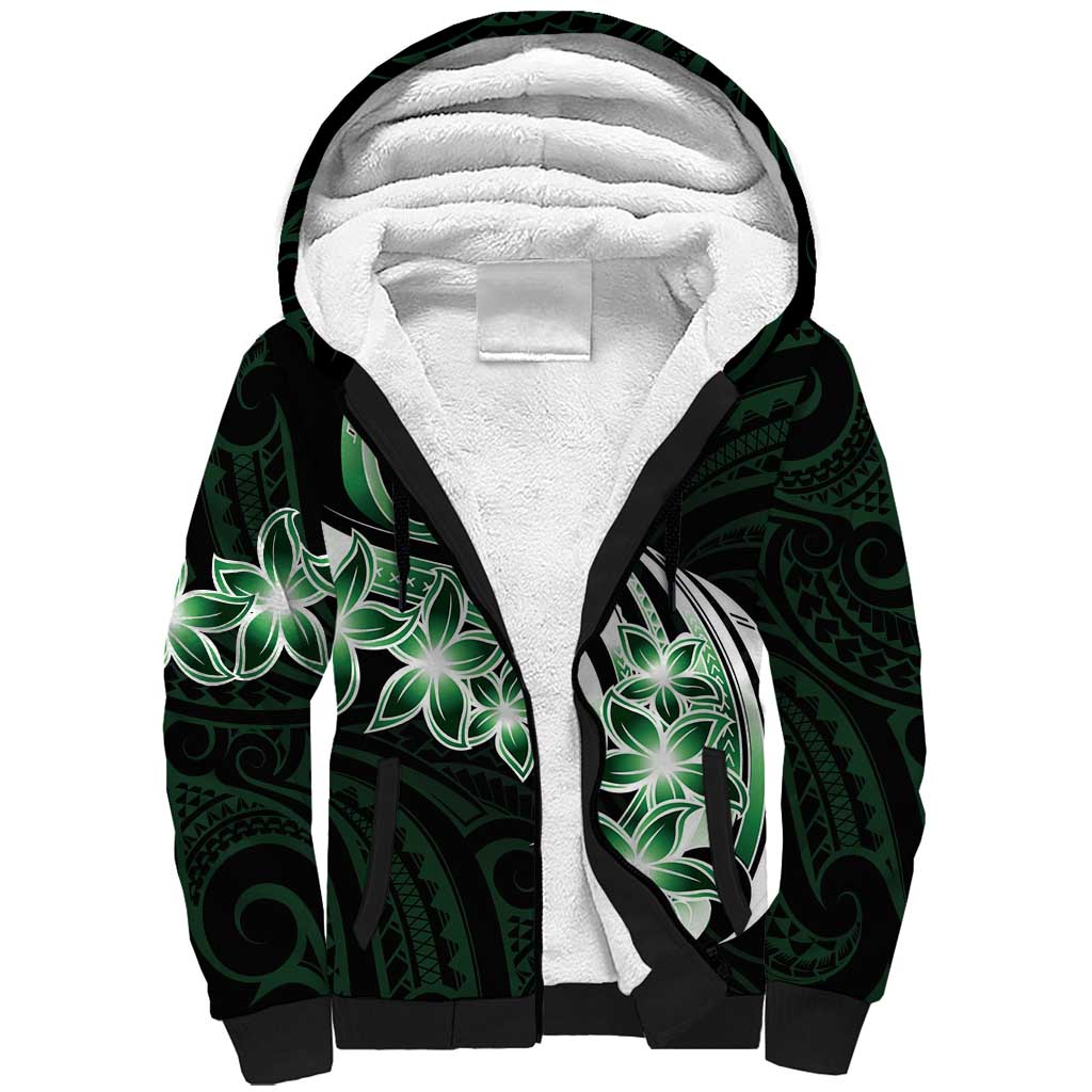 Plumeria Tribal Tattoo Sherpa Hoodie Green Polynesian Pattern