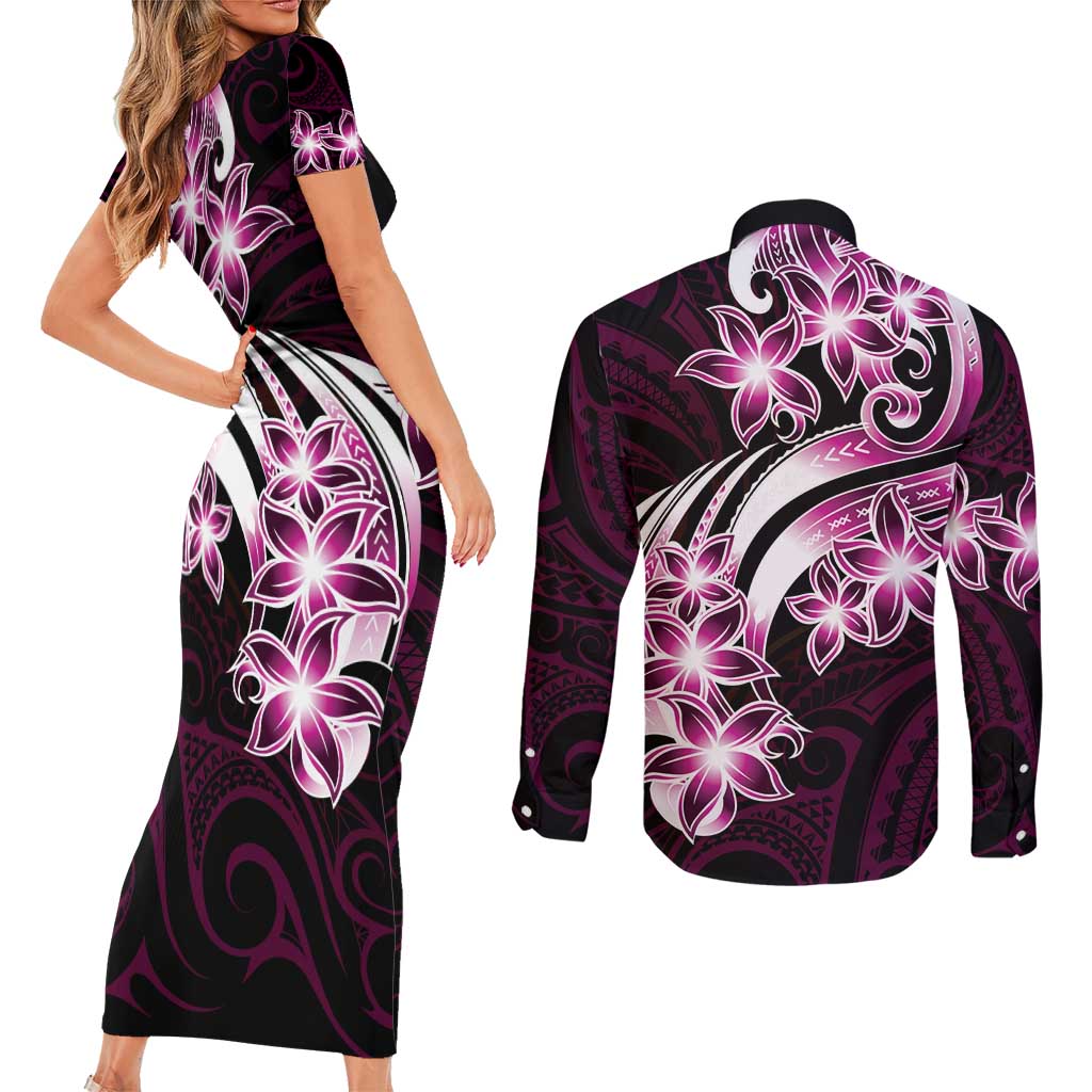 Plumeria Tribal Tattoo Couples Matching Short Sleeve Bodycon Dress and Long Sleeve Button Shirt Pink Polynesian Pattern LT9 - Polynesian Pride