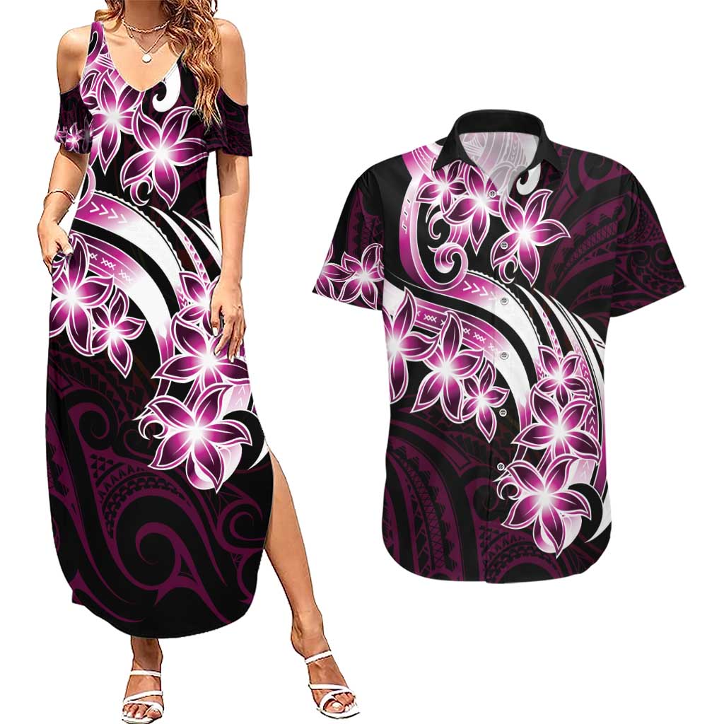 Plumeria Tribal Tattoo Couples Matching Summer Maxi Dress and Hawaiian Shirt Pink Polynesian Pattern LT9 Pink - Polynesian Pride