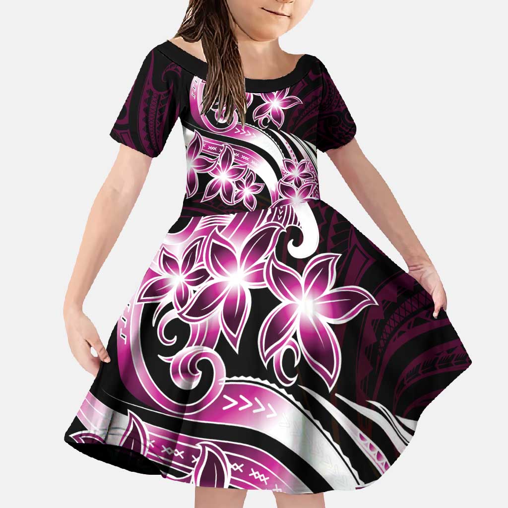 Plumeria Tribal Tattoo Family Matching Off Shoulder Maxi Dress and Hawaiian Shirt Pink Polynesian Pattern LT9 Daughter's Dress Pink - Polynesian Pride
