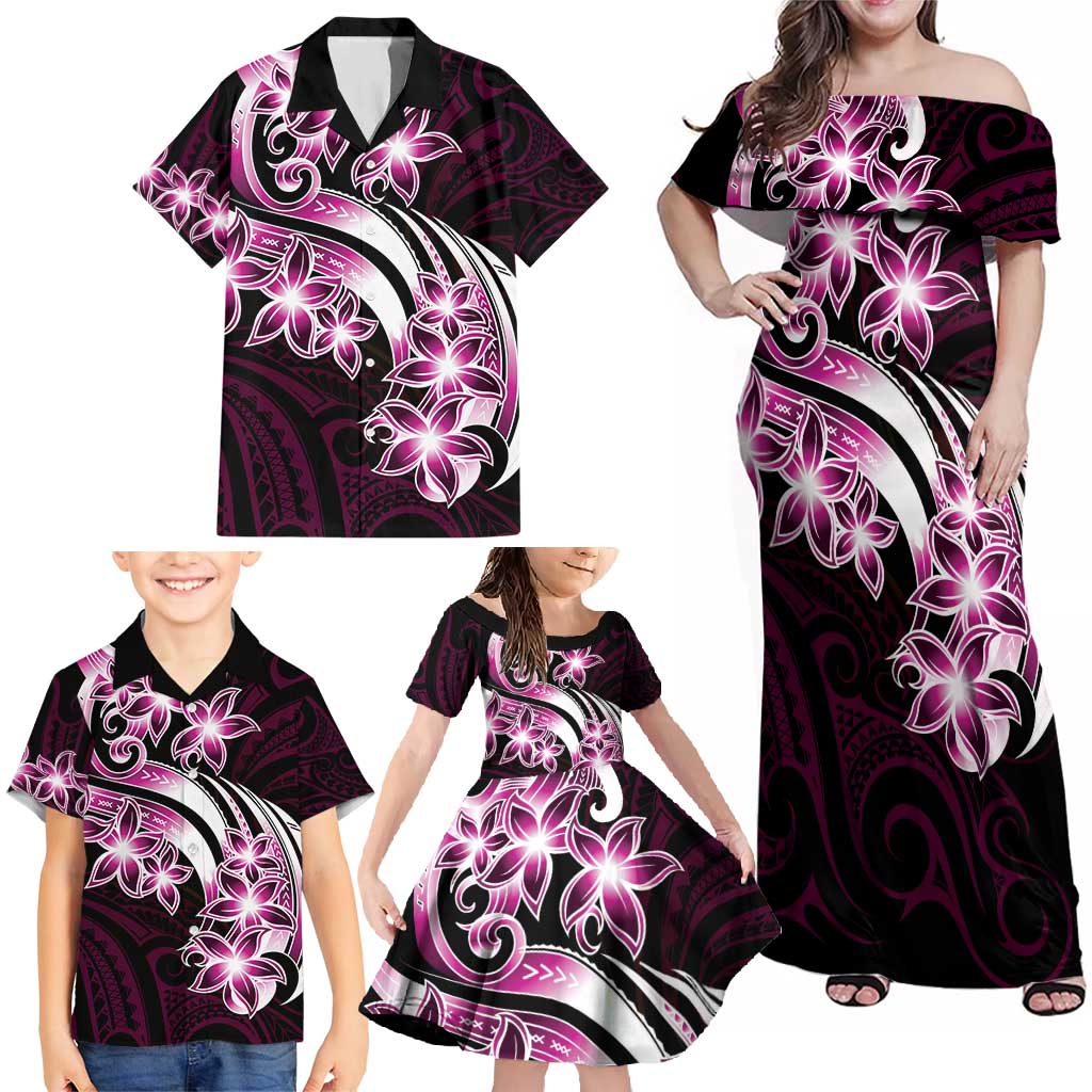Plumeria Tribal Tattoo Family Matching Off Shoulder Maxi Dress and Hawaiian Shirt Pink Polynesian Pattern LT9 - Polynesian Pride
