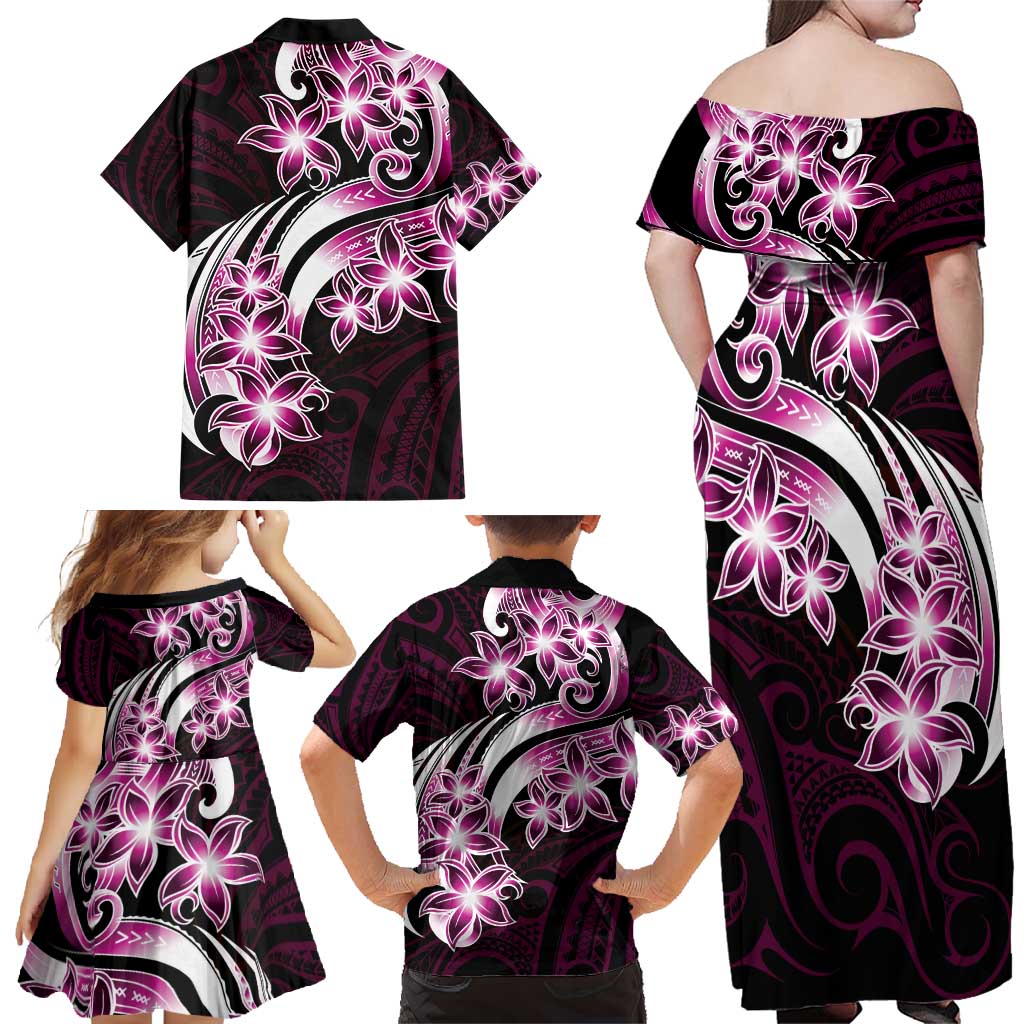 Plumeria Tribal Tattoo Family Matching Off Shoulder Maxi Dress and Hawaiian Shirt Pink Polynesian Pattern LT9 - Polynesian Pride