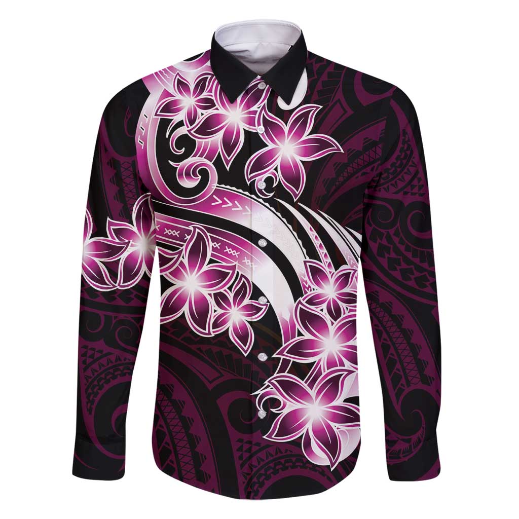 Plumeria Tribal Tattoo Family Matching Off Shoulder Maxi Dress and Hawaiian Shirt Pink Polynesian Pattern LT9 Dad's Shirt - Long Sleeve Pink - Polynesian Pride