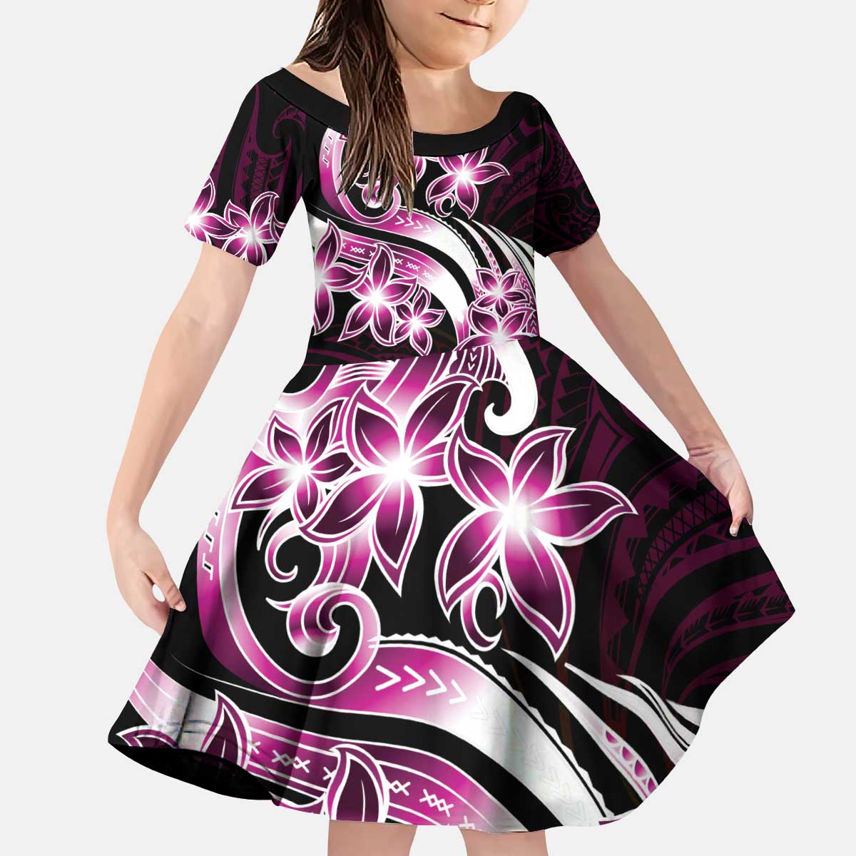 Plumeria Tribal Tattoo Kid Short Sleeve Dress Pink Polynesian Pattern LT9 KID Pink - Polynesian Pride