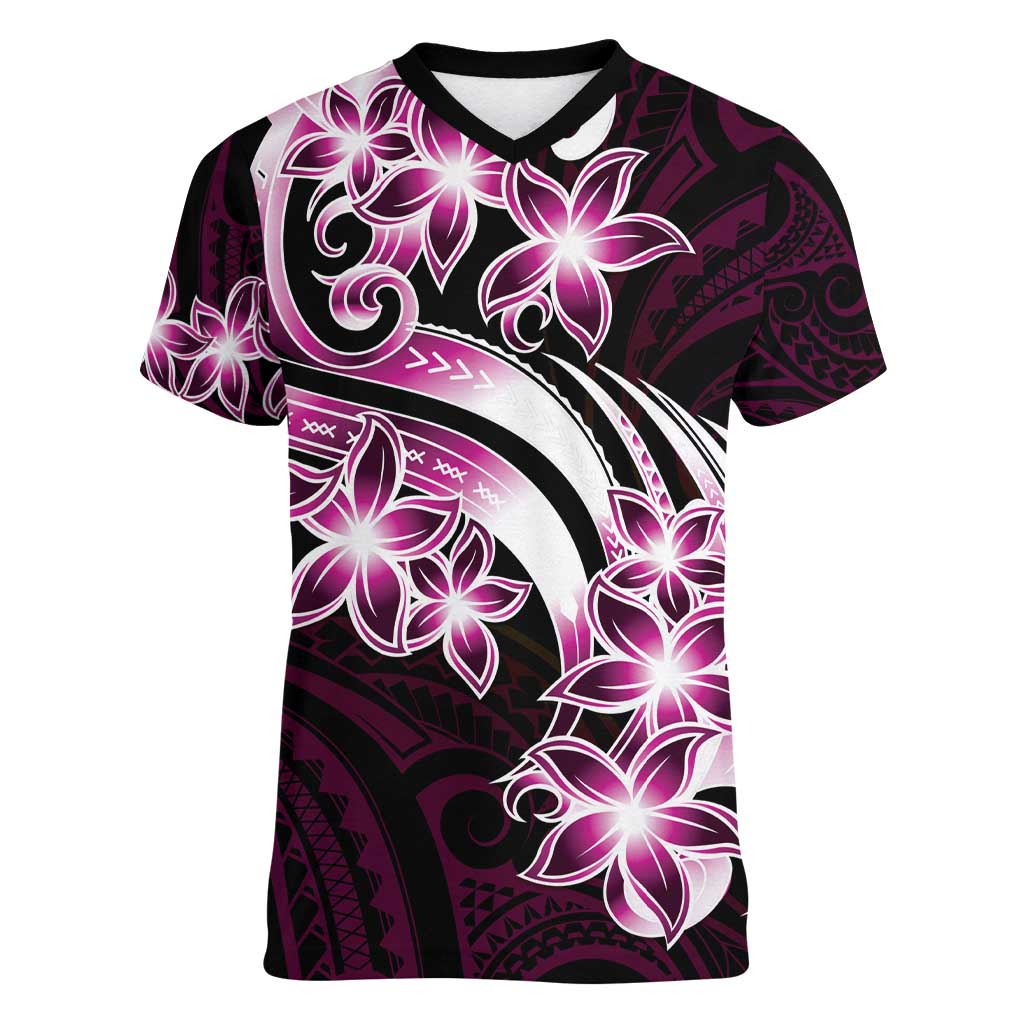Plumeria Tribal Tattoo Women V-Neck T-Shirt Pink Polynesian Pattern LT9 Female Pink - Polynesian Pride