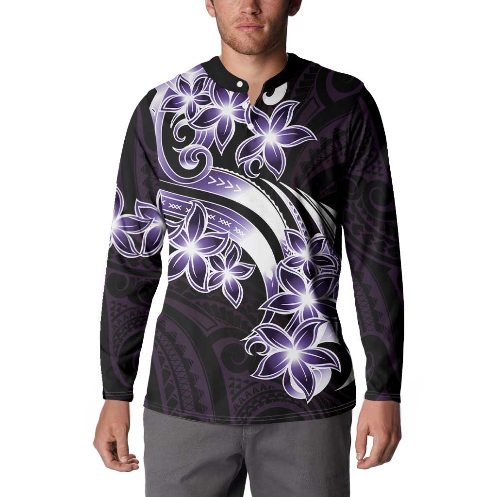 Plumeria Tribal Tattoo Button Sweatshirt Purple Polynesian Pattern