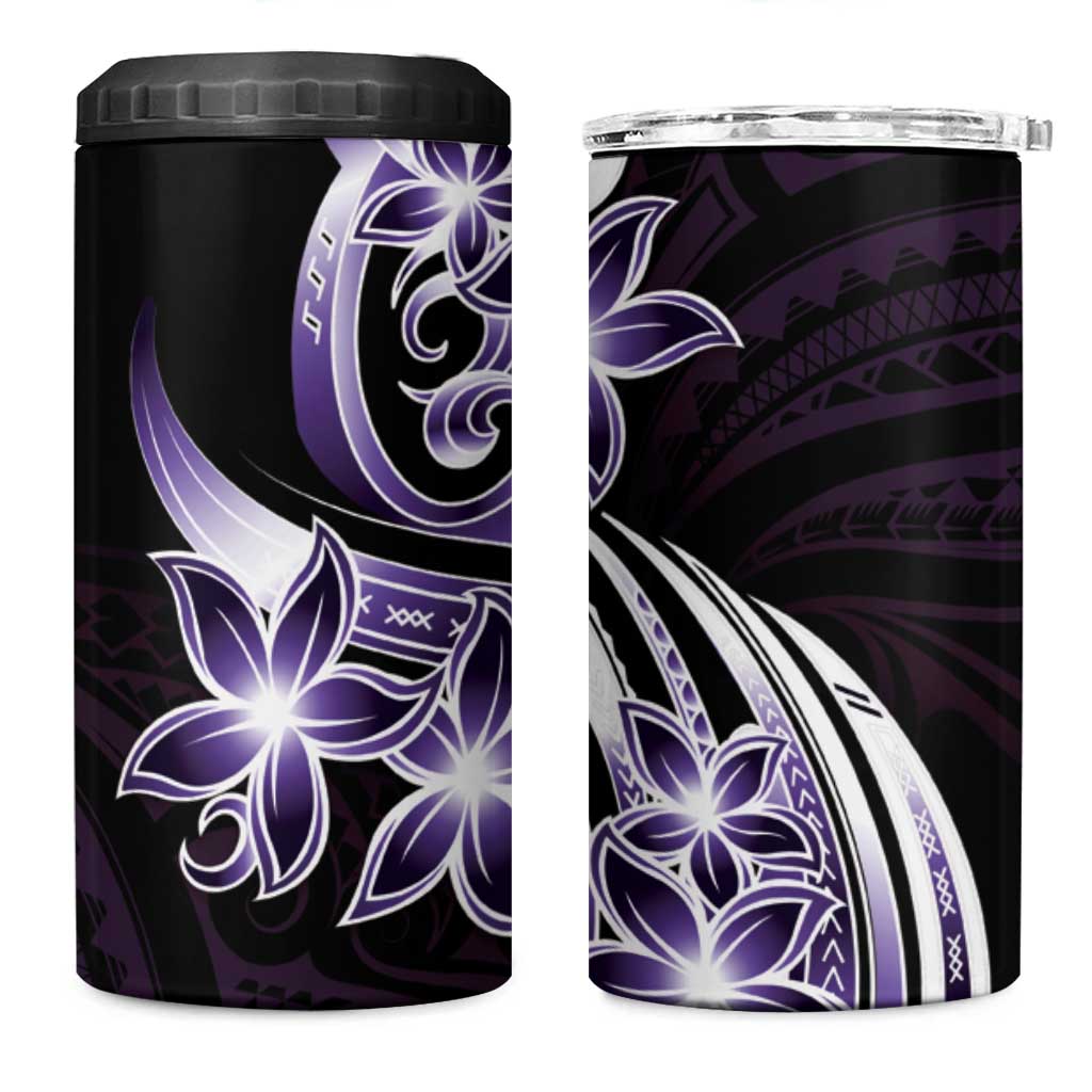 Plumeria Tribal Tattoo 4 in 1 Can Cooler Tumbler Purple Polynesian Pattern