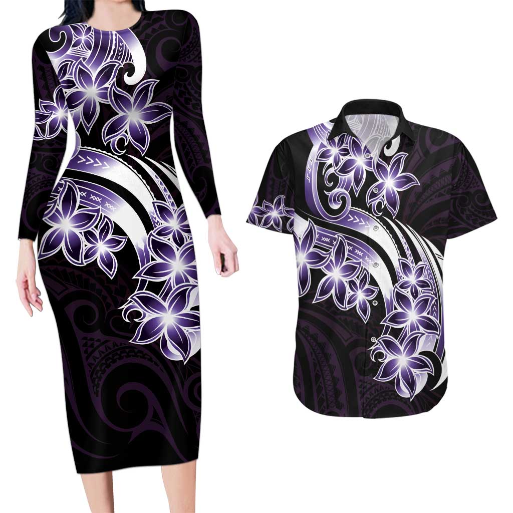 Plumeria Tribal Tattoo Couples Matching Long Sleeve Bodycon Dress and Hawaiian Shirt Purple Polynesian Pattern