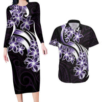 Plumeria Tribal Tattoo Couples Matching Long Sleeve Bodycon Dress and Hawaiian Shirt Purple Polynesian Pattern