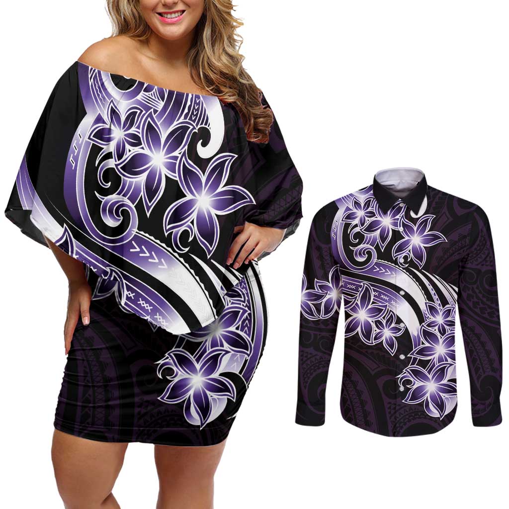Plumeria Tribal Tattoo Couples Matching Off Shoulder Short Dress and Long Sleeve Button Shirt Purple Polynesian Pattern LT9 Purple - Polynesian Pride