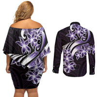 Plumeria Tribal Tattoo Couples Matching Off Shoulder Short Dress and Long Sleeve Button Shirt Purple Polynesian Pattern LT9 - Polynesian Pride