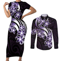 Plumeria Tribal Tattoo Couples Matching Short Sleeve Bodycon Dress and Long Sleeve Button Shirt Purple Polynesian Pattern LT9 Purple - Polynesian Pride
