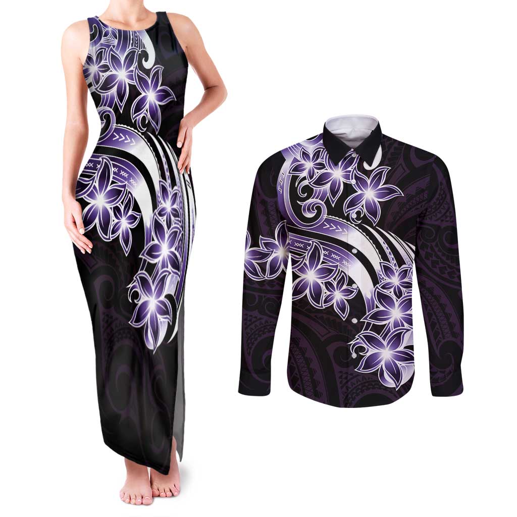 Plumeria Tribal Tattoo Couples Matching Tank Maxi Dress and Long Sleeve Button Shirt Purple Polynesian Pattern LT9 Purple - Polynesian Pride