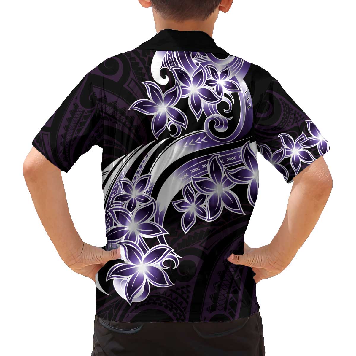 Plumeria Tribal Tattoo Family Matching Off Shoulder Short Dress and Hawaiian Shirt Purple Polynesian Pattern