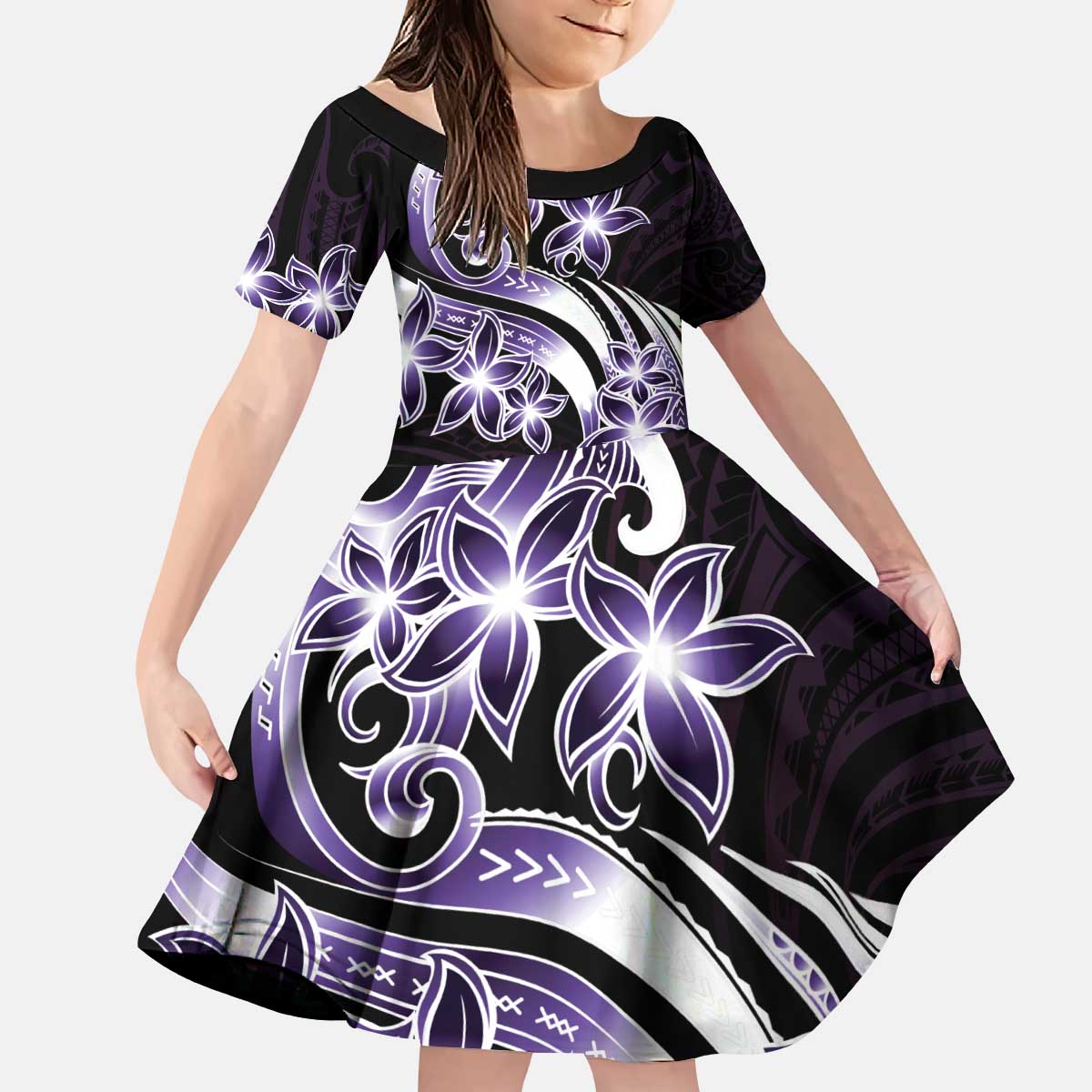 Plumeria Tribal Tattoo Family Matching Puletasi and Hawaiian Shirt Purple Polynesian Pattern LT9 Daughter's Dress Purple - Polynesian Pride