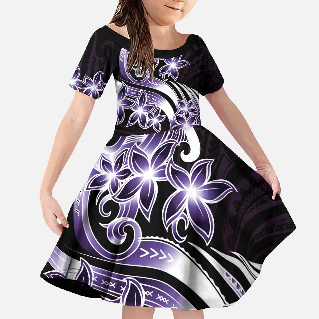 Plumeria Tribal Tattoo Family Matching Short Sleeve Bodycon Dress and Hawaiian Shirt Purple Polynesian Pattern LT9 Daughter's Dress Purple - Polynesian Pride