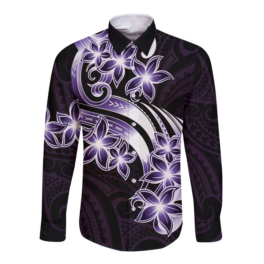 Plumeria Tribal Tattoo Long Sleeve Button Shirt Purple Polynesian Pattern LT9 Unisex Purple - Polynesian Pride