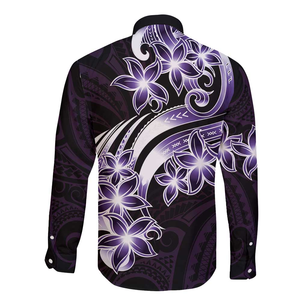 Plumeria Tribal Tattoo Long Sleeve Button Shirt Purple Polynesian Pattern LT9 - Polynesian Pride