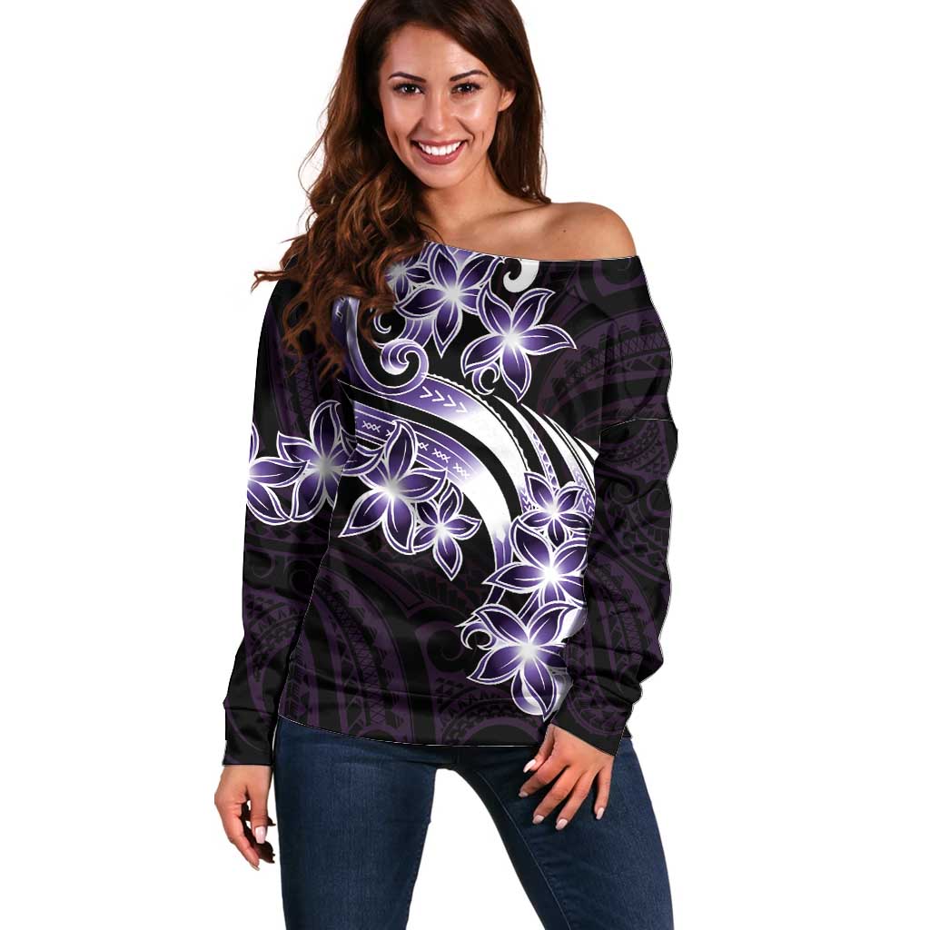 Plumeria Tribal Tattoo Off Shoulder Sweater Purple Polynesian Pattern