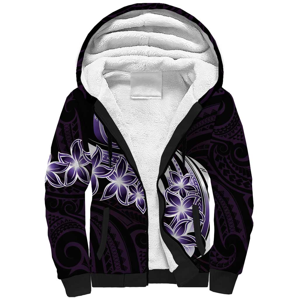 Plumeria Tribal Tattoo Sherpa Hoodie Purple Polynesian Pattern