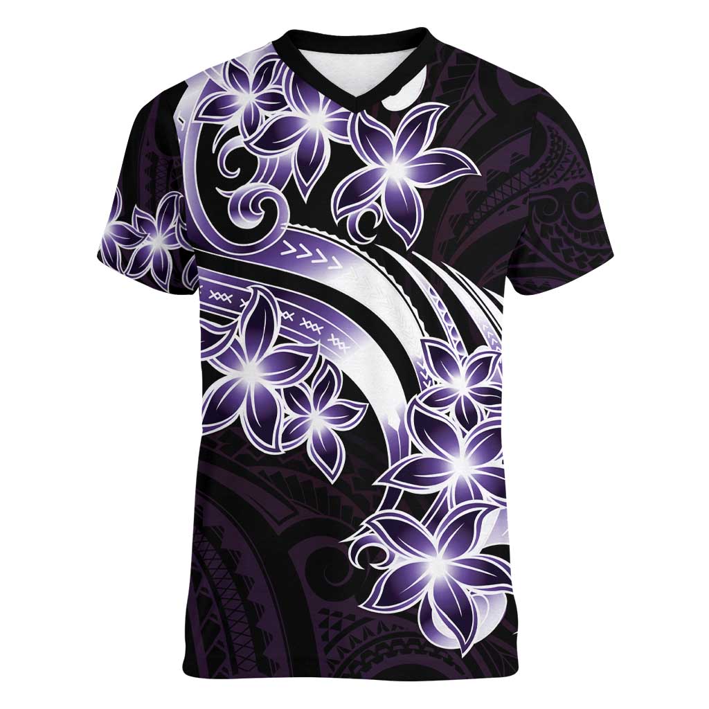 Plumeria Tribal Tattoo Women V-Neck T-Shirt Purple Polynesian Pattern LT9 Female Purple - Polynesian Pride