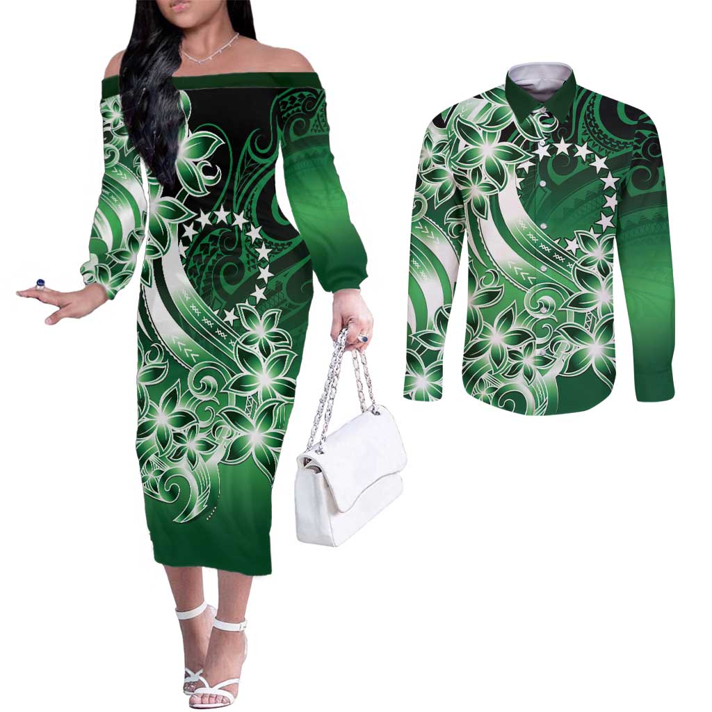 Cook Islands Tattoo Couples Matching Off The Shoulder Long Sleeve Dress and Long Sleeve Button Shirt Plumeria Polynesian Pattern LT9 Green - Polynesian Pride