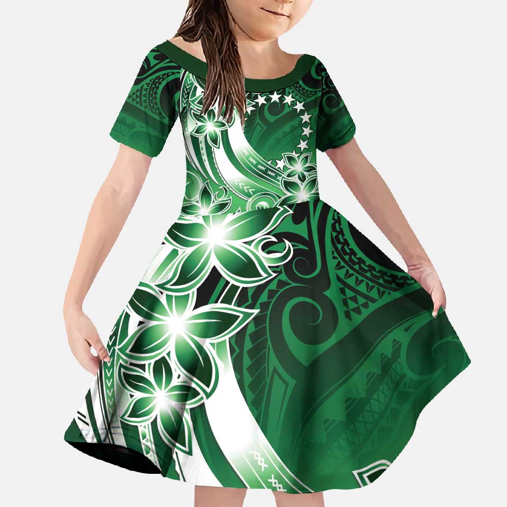 Cook Islands Tattoo Family Matching Off Shoulder Maxi Dress and Hawaiian Shirt Plumeria Polynesian Pattern LT9 Daughter's Dress Green - Polynesian Pride