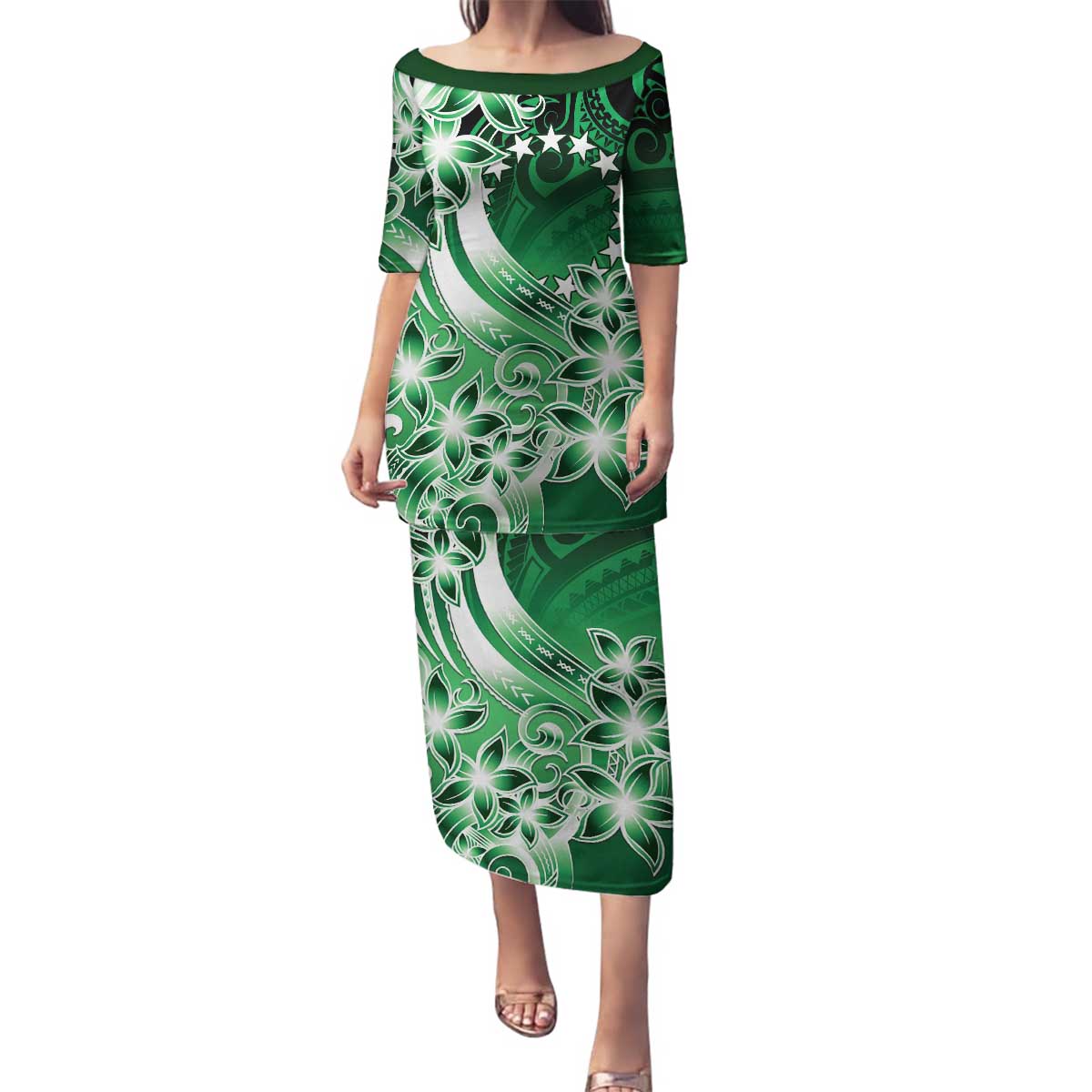 Cook Islands Tattoo Family Matching Puletasi and Hawaiian Shirt Plumeria Polynesian Pattern LT9 Mom's Dress Green - Polynesian Pride