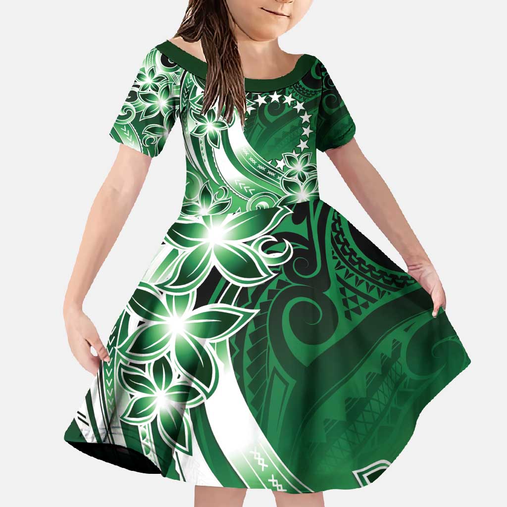 Cook Islands Tattoo Family Matching Summer Maxi Dress and Hawaiian Shirt Plumeria Polynesian Pattern LT9 Daughter's Dress Green - Polynesian Pride