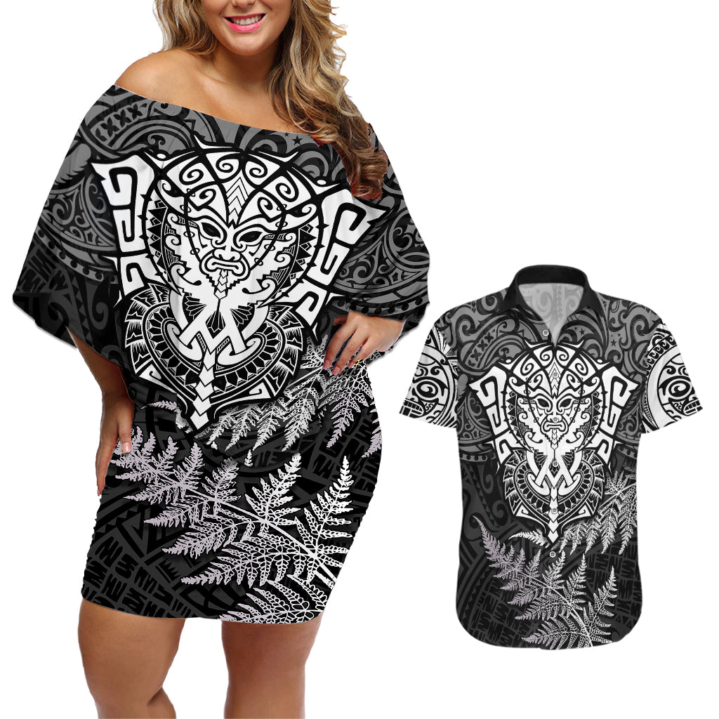 New Zealand Rugby Couples Matching Off Shoulder Short Dress and Hawaiian Shirt Silver Fern All Black Mix Ta Moko White Style LT9 White - Polynesian Pride