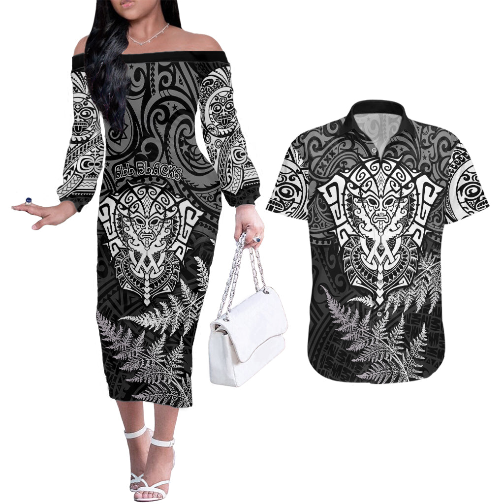 New Zealand Rugby Couples Matching Off The Shoulder Long Sleeve Dress and Hawaiian Shirt Silver Fern All Black Mix Ta Moko White Style LT9 White - Polynesian Pride