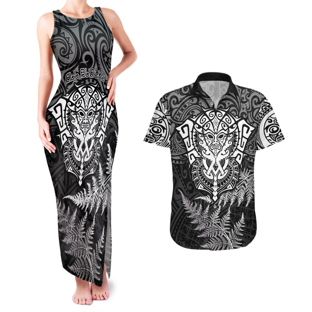 New Zealand Rugby Couples Matching Tank Maxi Dress and Hawaiian Shirt Silver Fern All Black Mix Ta Moko White Style LT9 White - Polynesian Pride