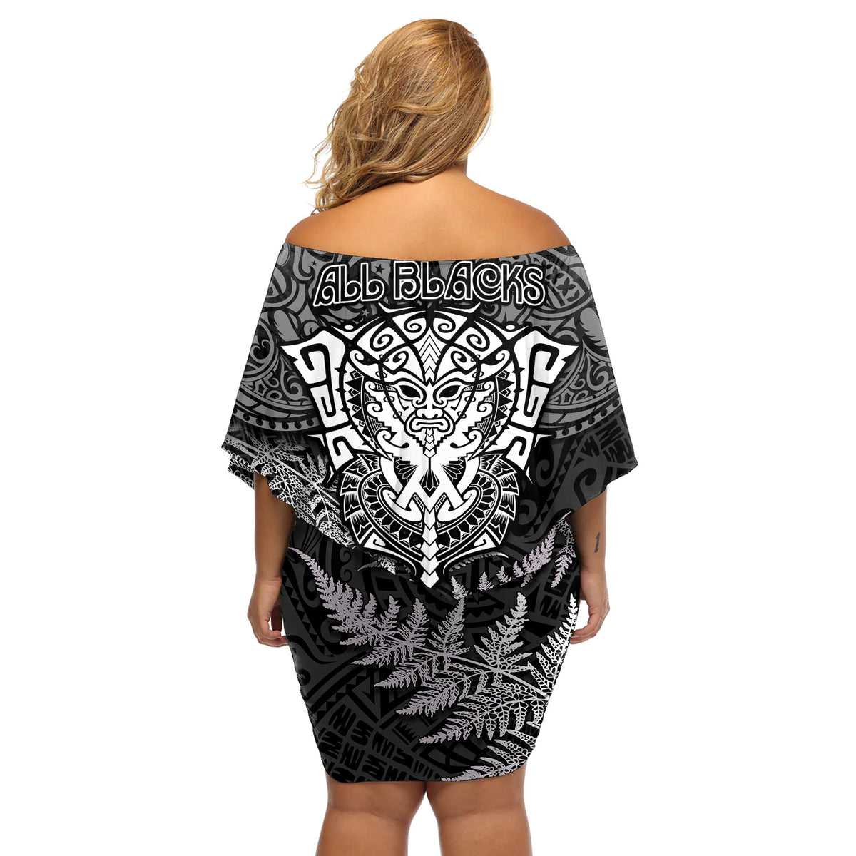 New Zealand Rugby Off Shoulder Short Dress Silver Fern All Black Mix Ta Moko White Style LT9 - Polynesian Pride