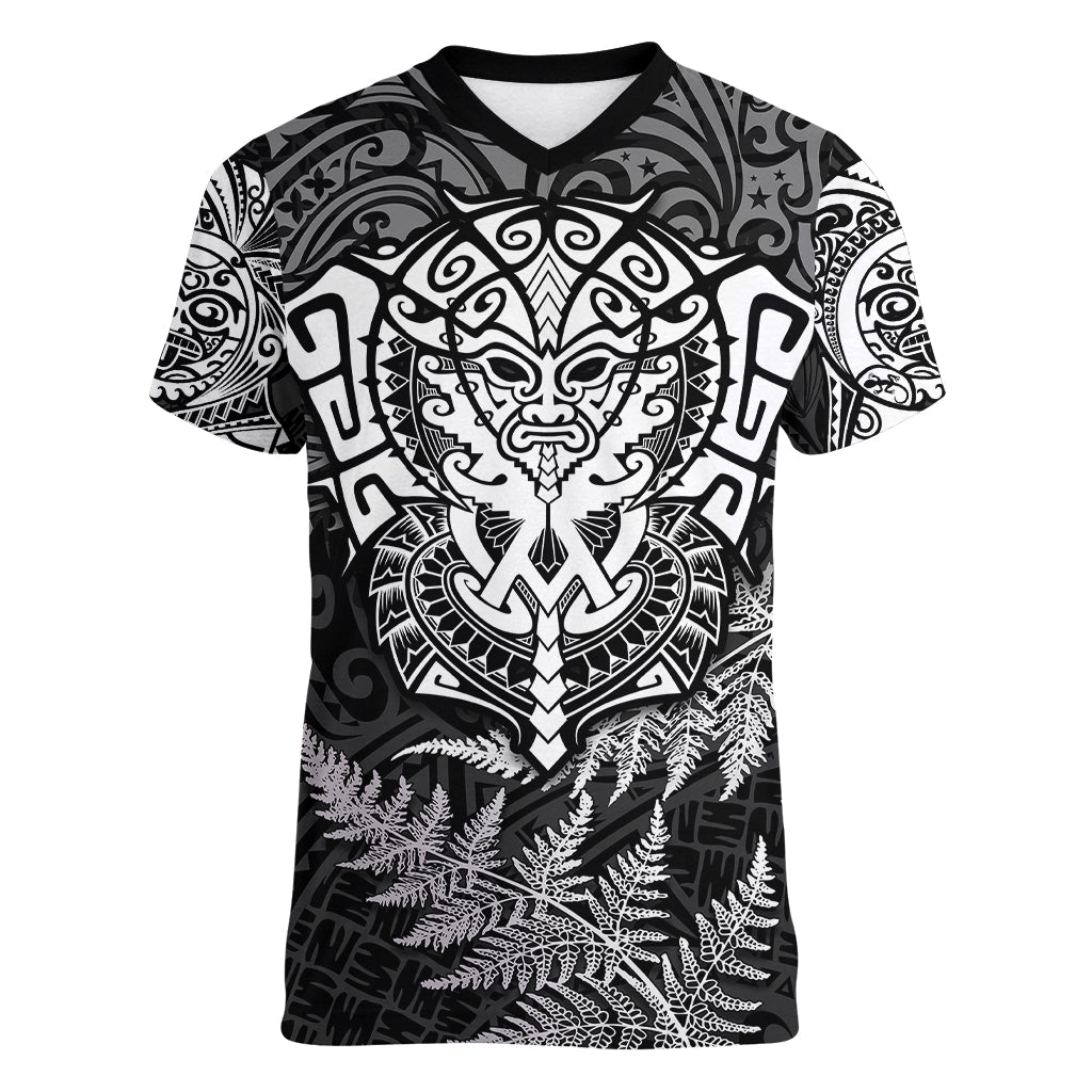 New Zealand Rugby Women V Neck T Shirt Silver Fern All Black Mix Ta Moko White Style LT9 Female White - Polynesian Pride