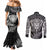 Personalised New Zealand Rugby Couples Matching Mermaid Dress and Long Sleeve Button Shirts Silver Fern All Black Mix Ta Moko White Style LT9 - Polynesian Pride