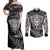 Personalised New Zealand Rugby Couples Matching Off Shoulder Maxi Dress and Long Sleeve Button Shirts Silver Fern All Black Mix Ta Moko White Style LT9 White - Polynesian Pride