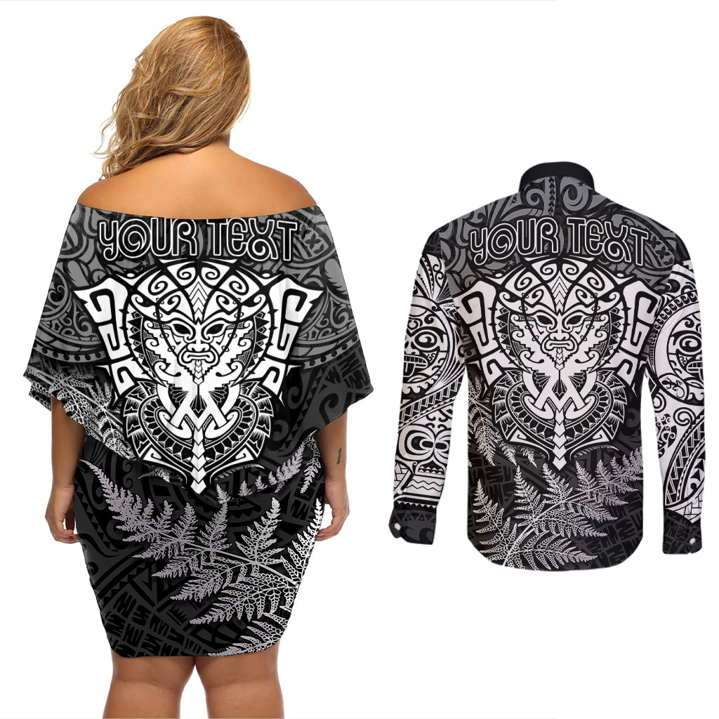 Personalised New Zealand Rugby Couples Matching Off Shoulder Short Dress and Long Sleeve Button Shirts Silver Fern All Black Mix Ta Moko White Style LT9 - Polynesian Pride