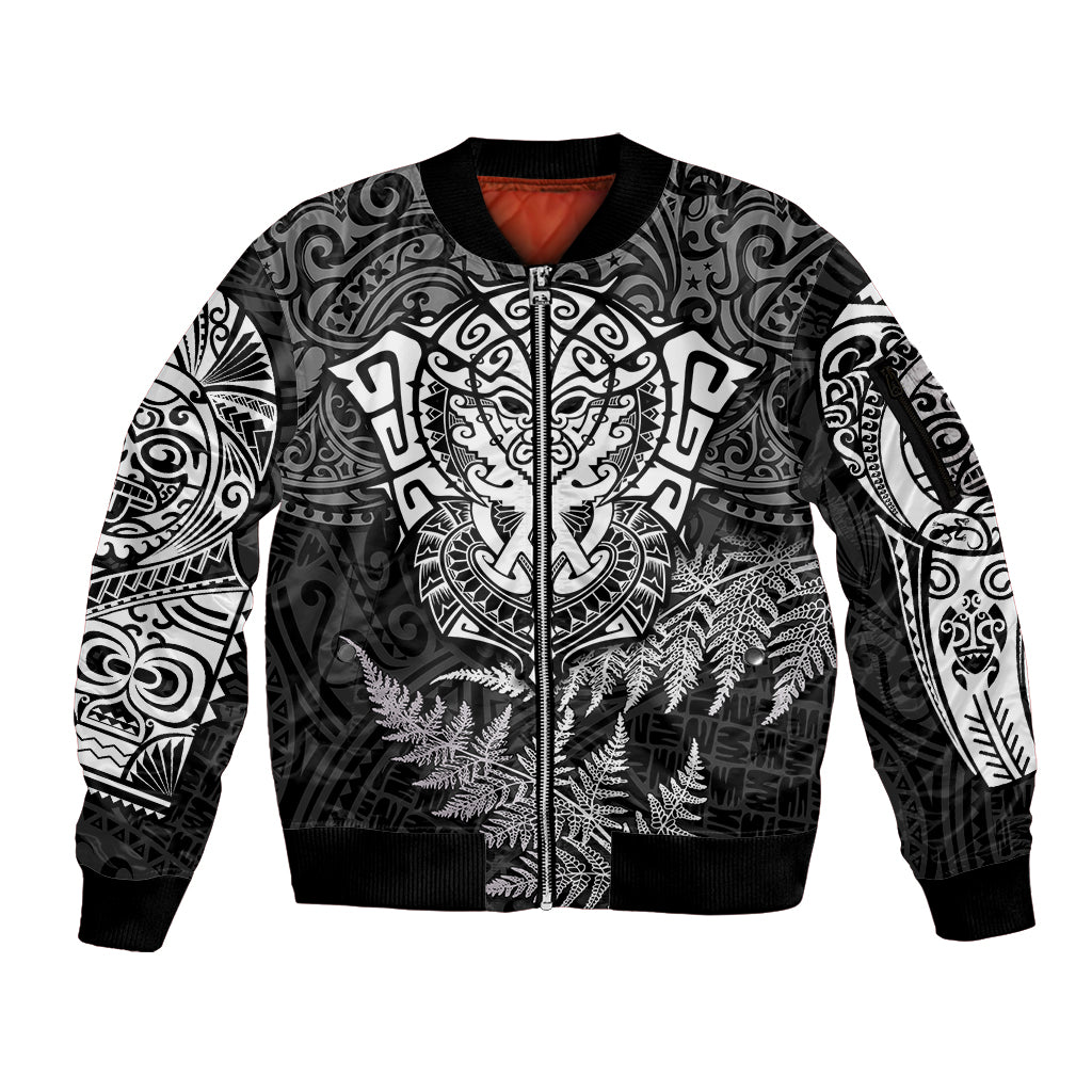 Personalised New Zealand Rugby Sleeve Zip Bomber Jacket Silver Fern All Black Mix Ta Moko White Style LT9 Unisex White - Polynesian Pride