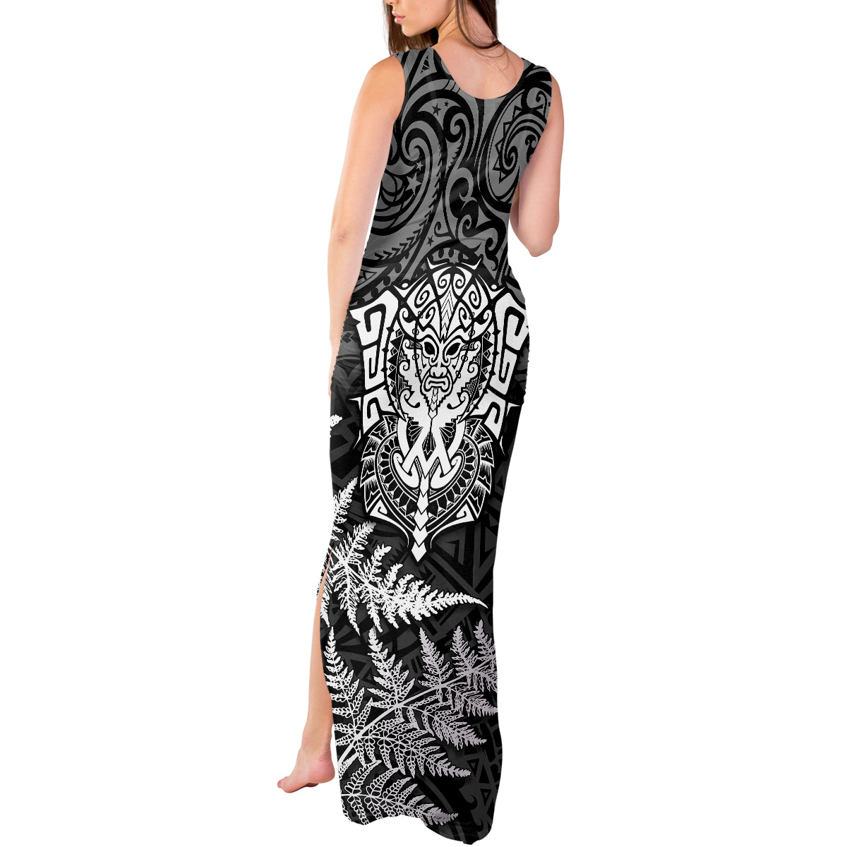 Personalised New Zealand Rugby Tank Maxi Dress Silver Fern All Black Mix Ta Moko White Style LT9 - Polynesian Pride