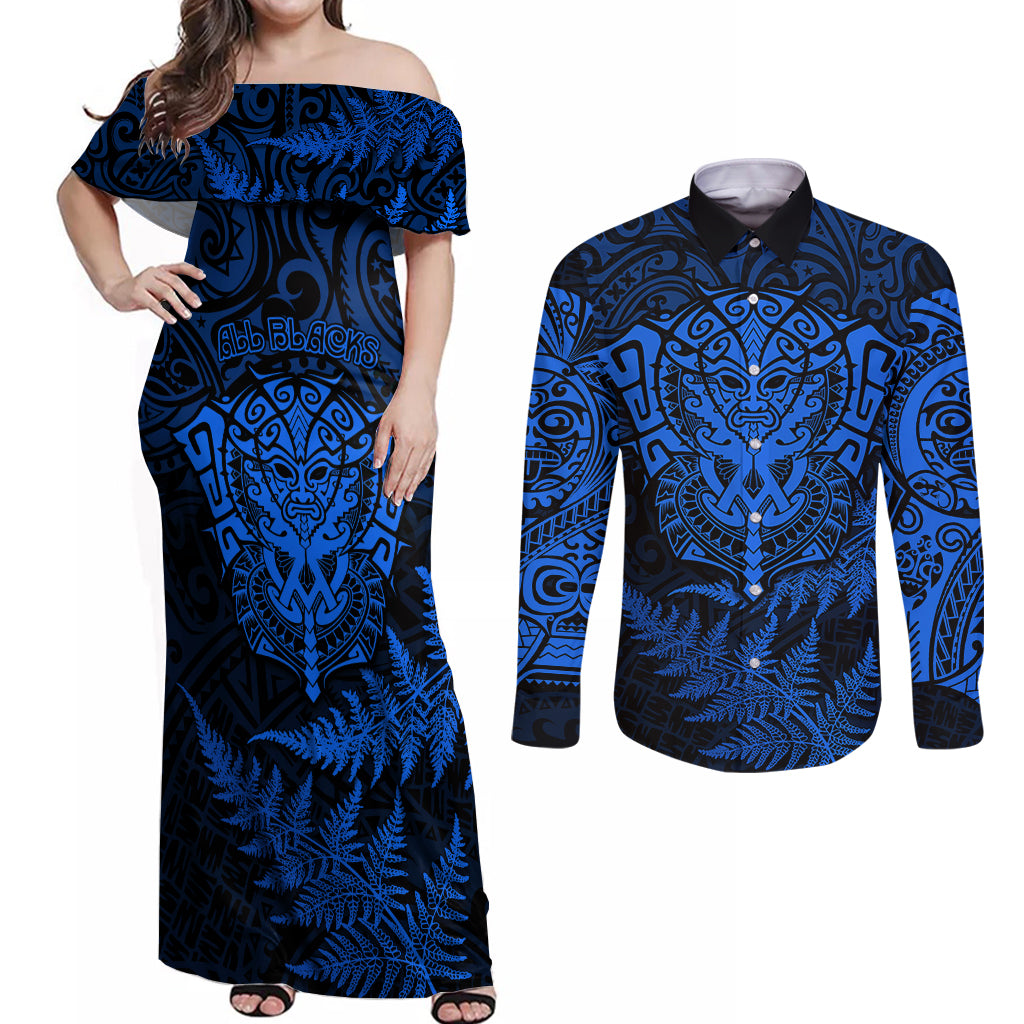 New Zealand Rugby Couples Matching Off Shoulder Maxi Dress and Long Sleeve Button Shirts Silver Fern All Black Mix Ta Moko Blue Style LT9 Blue - Polynesian Pride