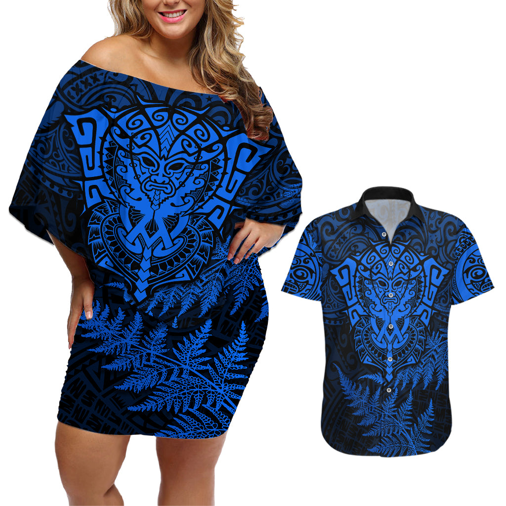 New Zealand Rugby Couples Matching Off Shoulder Short Dress and Hawaiian Shirt Silver Fern All Black Mix Ta Moko Blue Style LT9 Blue - Polynesian Pride