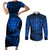 New Zealand Rugby Couples Matching Short Sleeve Bodycon Dress and Long Sleeve Button Shirts Silver Fern All Black Mix Ta Moko Blue Style LT9 Blue - Polynesian Pride