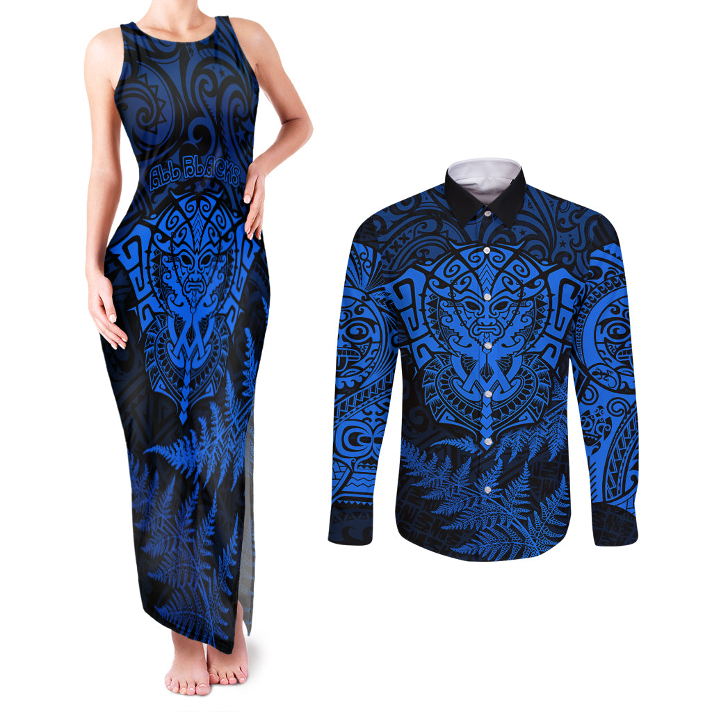 New Zealand Rugby Couples Matching Tank Maxi Dress and Long Sleeve Button Shirts Silver Fern All Black Mix Ta Moko Blue Style LT9 Blue - Polynesian Pride