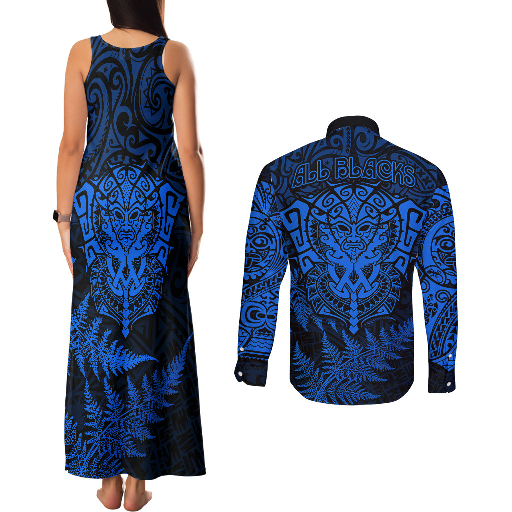 New Zealand Rugby Couples Matching Tank Maxi Dress and Long Sleeve Button Shirts Silver Fern All Black Mix Ta Moko Blue Style LT9 - Polynesian Pride
