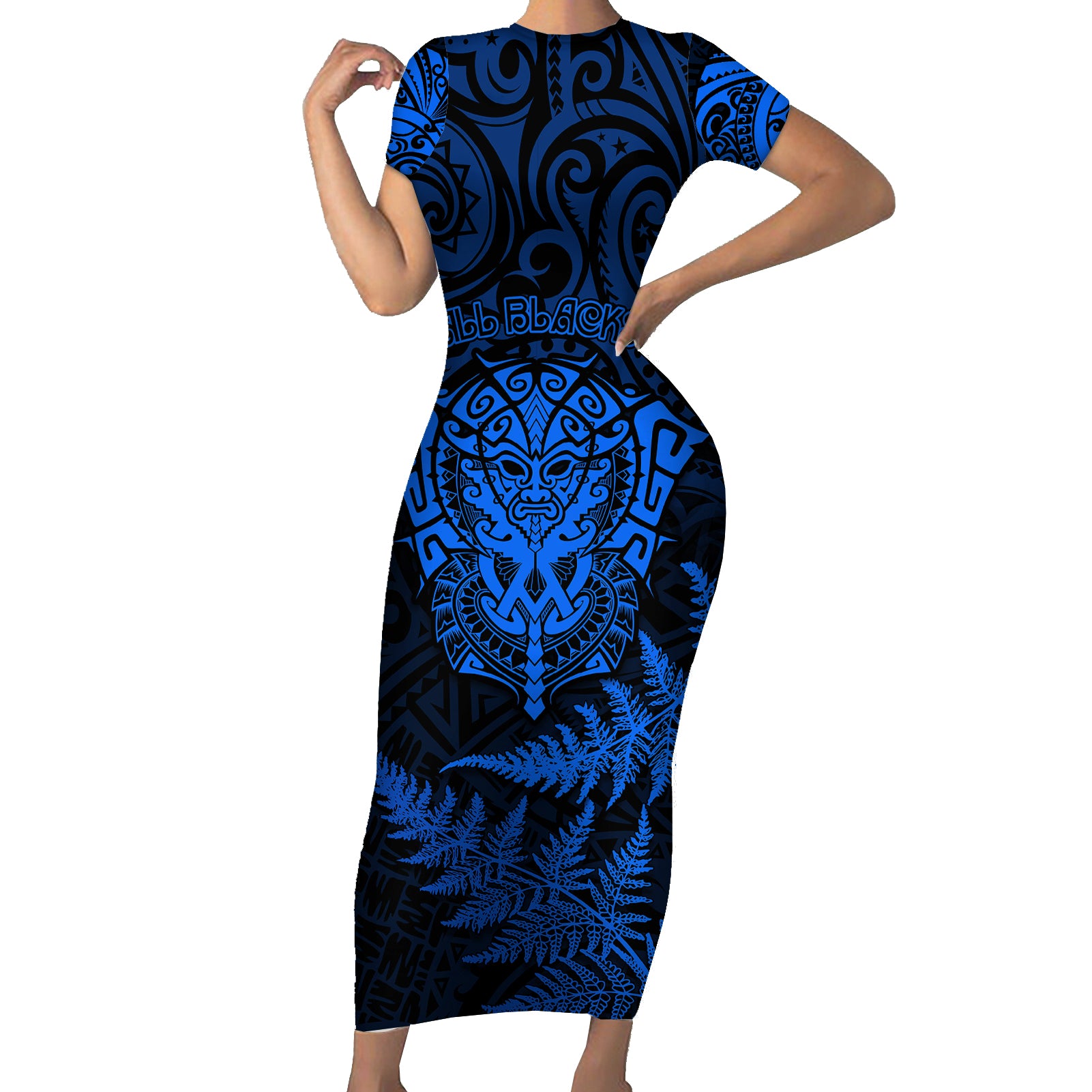 New Zealand Rugby Short Sleeve Bodycon Dress Silver Fern All Black Mix Ta Moko Blue Style LT9 Long Dress Blue - Polynesian Pride