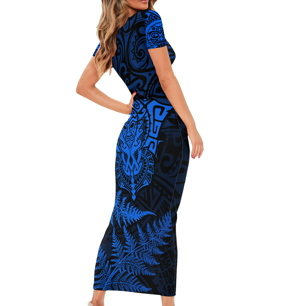 New Zealand Rugby Short Sleeve Bodycon Dress Silver Fern All Black Mix Ta Moko Blue Style LT9 - Polynesian Pride