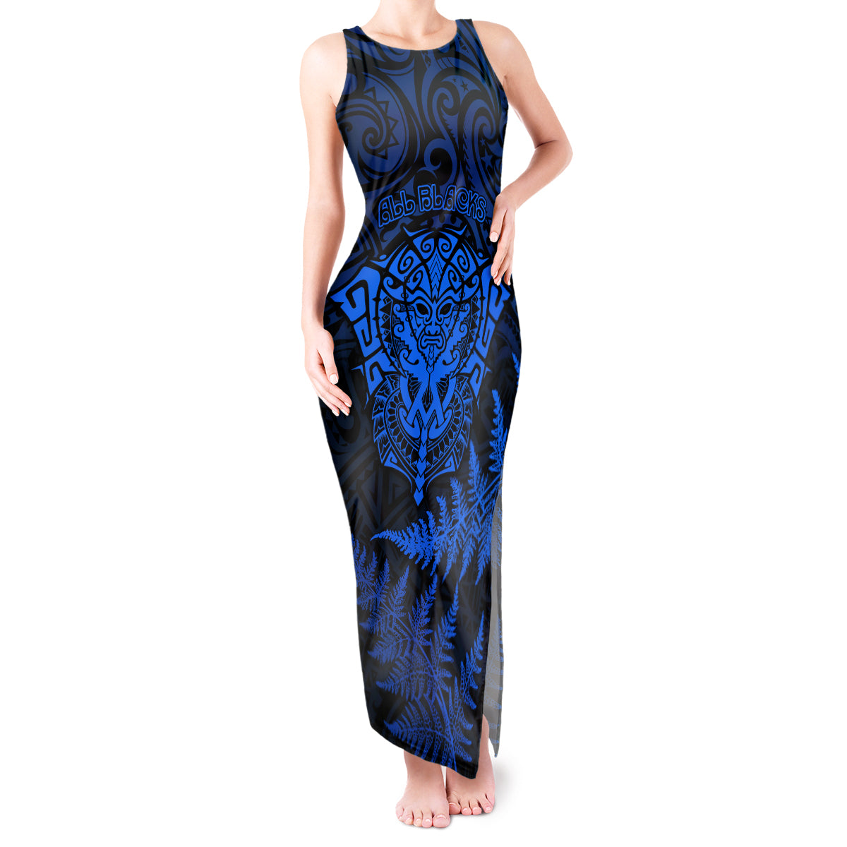 New Zealand Rugby Tank Maxi Dress Silver Fern All Black Mix Ta Moko Blue Style LT9 Women Blue - Polynesian Pride